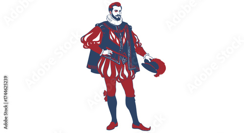 Illustrated Renaissance Nobleman in Ornate Costume Depicting Historical Fashion and Elegance for Educational Resources and Theatrical Costume Design.