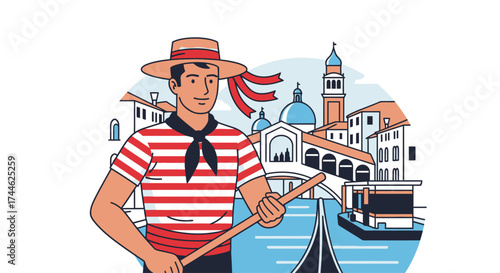 Gondolier in Venice Illustration Highlighting Italian Culture and Tourism, Suitable for Travel Guides, Promotional Materials, and Destination Marketing Projects.
