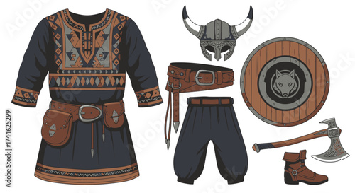 Viking Warrior Costume Set Isolated, Featuring Traditional Norse Clothing, Helmet, Shield, and Axe for Historical Reenactments and Educational Illustrations