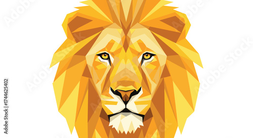 Geometric lion head illustration featuring a golden mane and sharp angular design elements present