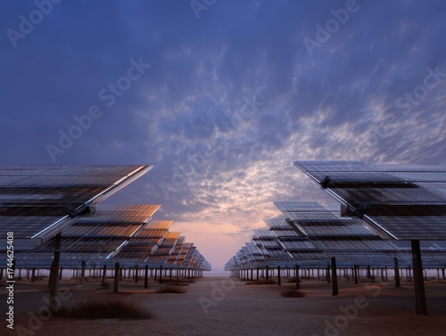 A vast array of solar panels stands in rows against a dramatic sky, showcasing renewable energy technology at sunset.