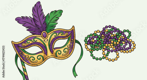 Colorful Mardi Gras Mask and Beads Illustration for Celebrations, Party Decorations, and Festive Event Design Projects