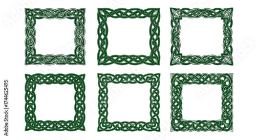Six green celtic knot frames arranged in two rows on a white background in a decorative pattern
