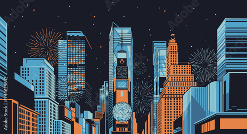Vibrant and Festive Cityscape Illustration Celebrating New Year's Eve with Fireworks Display. Suitable for Holiday Greetings, Event Promotion, and Urban Celebration Designs.