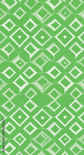 Geometric green pattern with diamond shapes and circular elements.