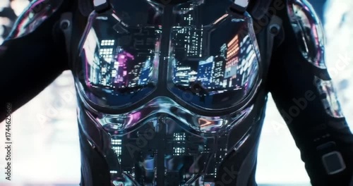 Futuristic figure in high-tech suit with city backdrop