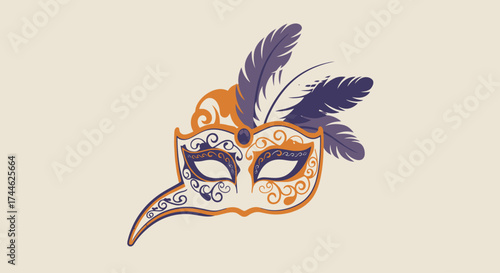 Elegant Venetian Carnival Mask Illustration with Ornate Details and Feathers for Masquerade Events and Theatrical Performances