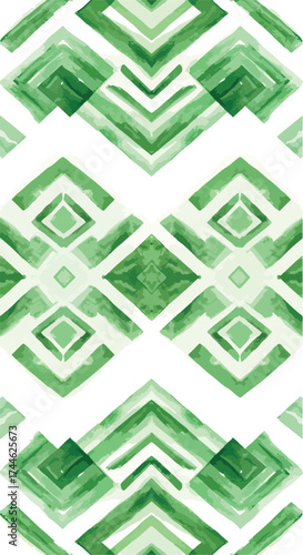 Geometric green pattern with diamond shapes and watercolor style.