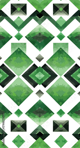 Geometric green pattern with diamond shapes and watercolor effect on white background.