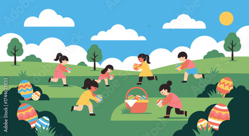 Cheerful Easter Egg Hunt Illustration Depicting Children Joyfully Collecting Eggs in a Vibrant Outdoor Setting, Ideal for Holiday Greetings and Festive Promotions