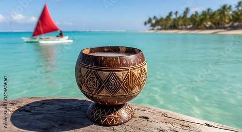 Coconut Cup with Kava Drink with Sailboat on Turquoise Sea, Exotic Island, and Tropical Paradise.