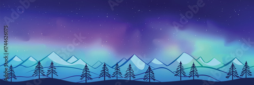Winter landscape with polar lights, mountains and forest, night starry sky, vector illustration