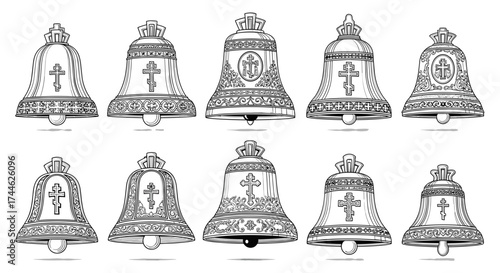 Illustration of ten ornate church bells with crosses in a detailed black and white drawing style