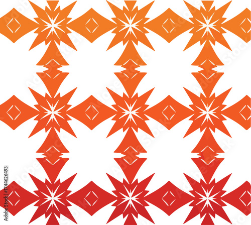 Geometric orange pattern with star and diamond shapes on white background.