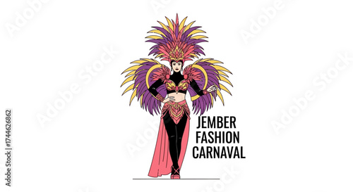 Illustration of a beautiful woman in a vibrant feathered costume for a fashion carnival parade