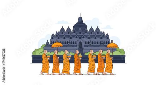 Borobudur Temple A Line of Buddhist Monks Strolling Towards the Majestic Monument