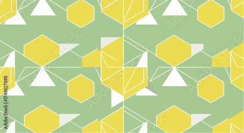 Geometric pattern featuring yellow hexagons and white triangles on a green backdrop.