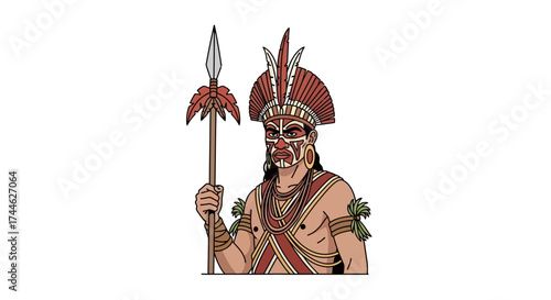 Illustration of a fierce indigenous tribal warrior with a red feather headdress and holding a spear