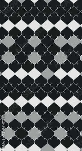 Geometric pattern of black and white diamond shapes with spade elements.