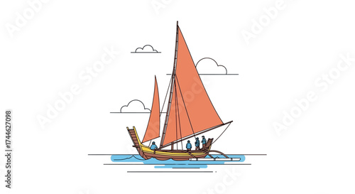 Sailing Vessel on the Water: A traditional sailboat gracefully glides across calm waters, its colorful sails billowing gently in the breeze.