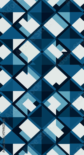 Geometric pattern of blue and white diamond shapes creates a modern design.