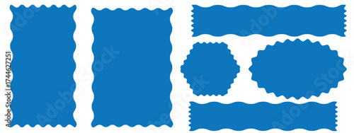 Set of square, rectangle, circle and oval shapes with wavy edges. Empty text boxes, tags, labels or stickers templates with undulate borders and wavy effect vector illustration on white background