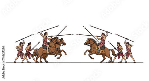Ancient Warriors Battle: An illustration depicting an ancient battle scene with warriors on horseback clashing with soldiers on foot, brandishing spears in a fierce conflict.