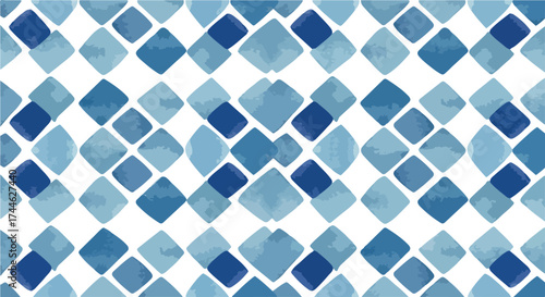 Geometric pattern of blue squares on white background creates visual interest.