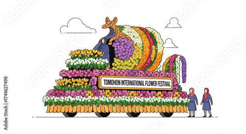 Flower Festival Float: The floral spectacle of the festival bursts with a rainbow of colors, meticulously arranged, creating an eye-catching display, complete with charming miniature figures.