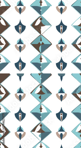 Geometric pattern of diamond shapes and stylized figures in repeating design.
