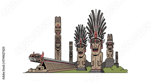Totem Poles: Symbolic totem poles with intricate carvings and rich cultural heritage, standing as silent storytellers of a vibrant indigenous culture.