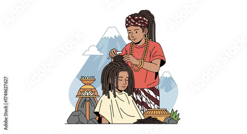 The Art of Hair: A skilled hair stylist is delicately crafting and arranging a hairstyle. The scene showcases the precision and attention to detail that goes into creating this exquisite style.