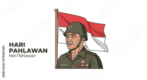 Commemorative illustration of an Indonesian war hero in front of the national flag of Indonesia