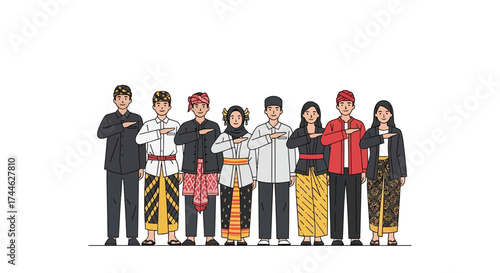 Unity in Diversity: A diverse group of individuals from various cultural backgrounds stand together, hand over heart, celebrating cultural heritage and unity.