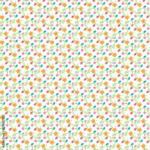 Floral Vine Pattern With Green Stems And Colorful Flowers On White Background