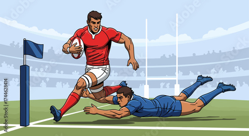 Dynamic Rugby Match Red Team Player Dodging Blue Teams Dive Tackle.