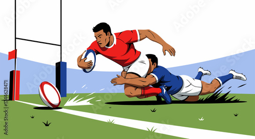 Rugby Player Diving for a Try While Tackled Illustrative Sports Action.