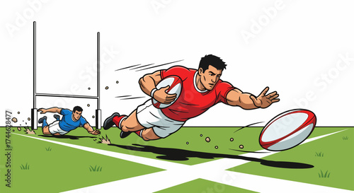 Rugby Player Diving to Score a Try with Teammate in Pursuit.