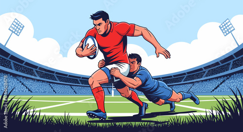 Rugby Player Charging Forward While Tackled in Stadium Illustration.