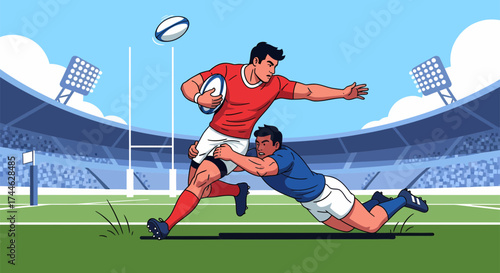 Rugby Player in Red Jersey Evading Tackle at Stadium with Flying Ball.