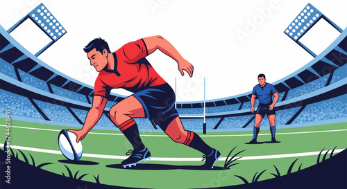 Rugby Player About to Score a Try in a Stadium Vector Illustration.