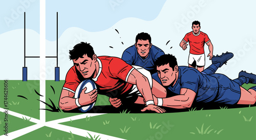 Rugby players in action scoring a try with intense focus and determination.