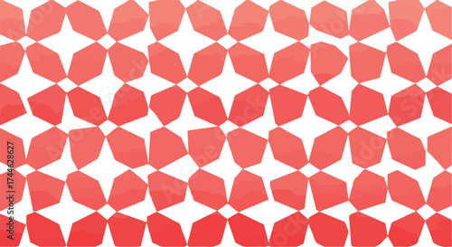 Geometric pattern of red shapes on a white background creating a repeating design.
