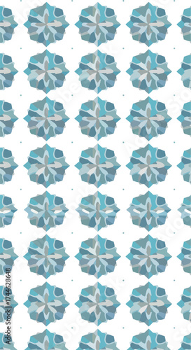 Geometric pattern of repeating blue shapes on a white background.