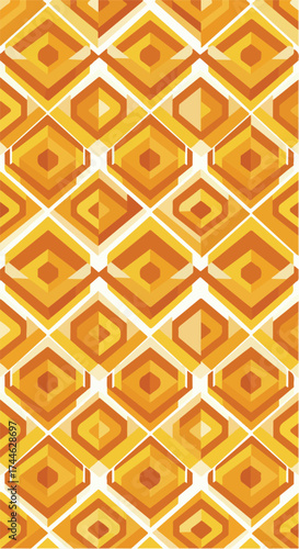 Geometric pattern of repeating diamond shapes in shades of orange and yellow.