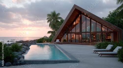 Luxury Villa by Ocean at Tropical Sunset Cinematic View with Triangle Roof Design and Swimming Pool Under Pink and Orange Sky