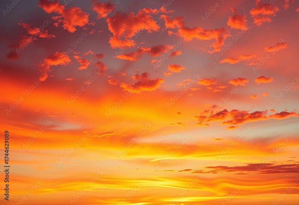 Fototapeta premium Blazing orange and red hues paint the sky at dawn/dusk, clouds ablaze with fiery light, dawn, heat