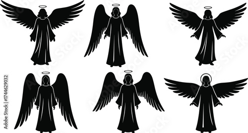 Angel silhouette collection, halo and wings, spiritual figures, black robes, symbolic design, front and side views, divine pose, grace, peace, faith