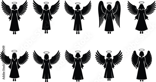 Angel silhouette vector, halo and wings, black illustration, spiritual theme, religious art, flying pose, robe design, symbolic figures