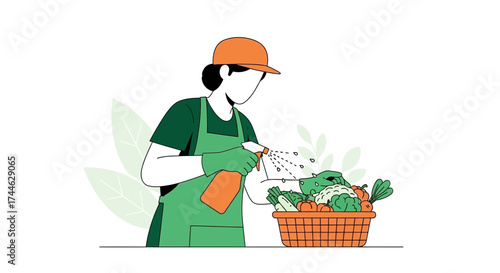 Gardener Sanitizing Fresh Harvest, Demonstrating Sustainable Practices For Consumption